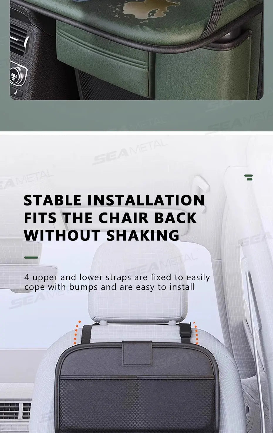 SEAMETAL 8 en 1 sac de rangement pour dossier de siège de voiture avec plateau pliable résistant à l'usure étanche organisateur de siège arrière de voiture porte-mouchoirs/gobelet