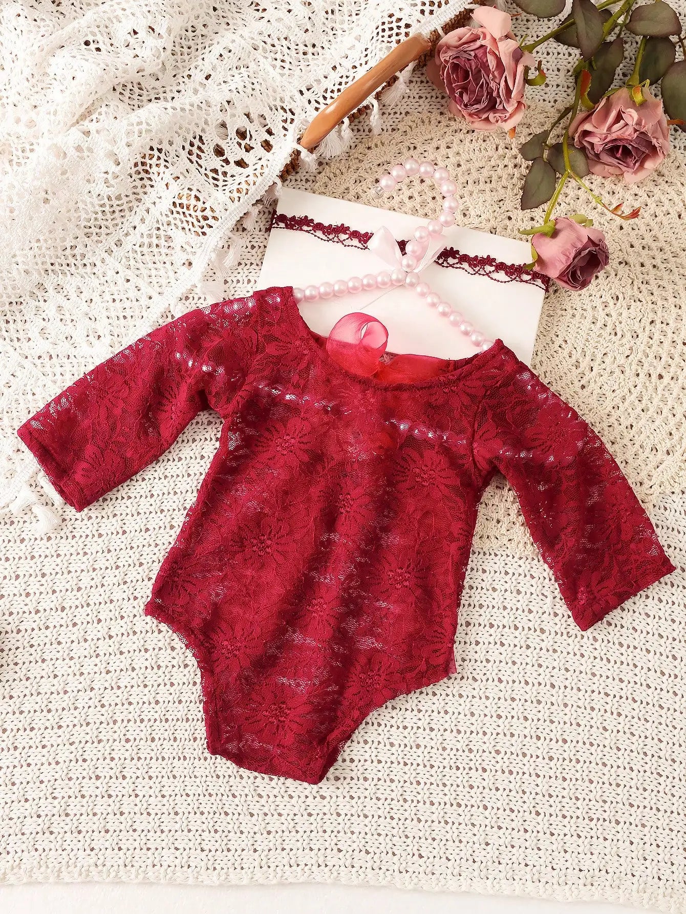 Ylsteed – ensemble 2 pièces pour nouveau-né, barboteuse en dentelle, tenues de photographie pour nourrissons avec bandeau assorti, accessoires de prise de vue Photo pour bébé fille