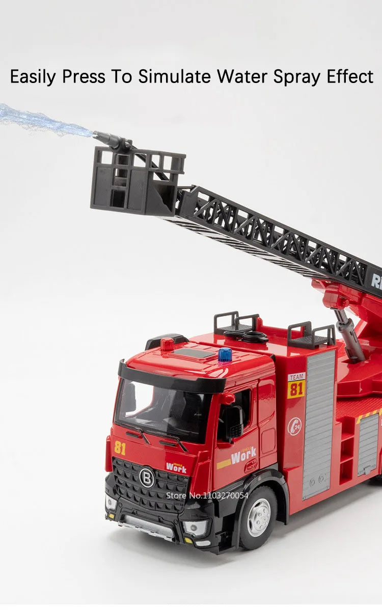 1:18 pétrolier d'eau alliage échelle camion de pompier modèle jouets voiture moulé sous pression en métal ingénierie véhicule portes ouvert son lumière jouet garçon cadeau