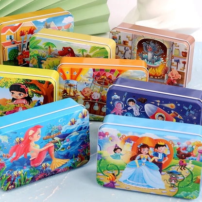 Puzzle de dessin animé 60 pièces avec boîte en métal, Puzzle de véhicule Animal d'éducation précoce pour enfants, jeu d'interaction Parent-enfant