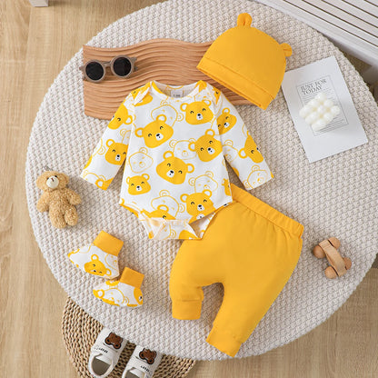 Ensemble de Vêtements pour Bébé Garçon de 0 à 9 Mois, Tenue à Manches sulf, Pantalon, Chapeau et Chaussettes, 4 Pièces/Ensemble, Printemps Automne