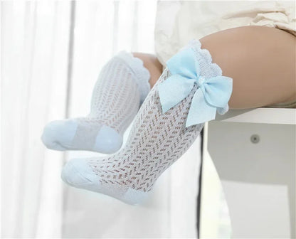 Chaussettes d'été en coton pour bébé fille de 0 à 24 mois, avec nœud en maille et dentelle, aux genoux, pour nouveau-né, princesse, longues, nouvelle collection 2024