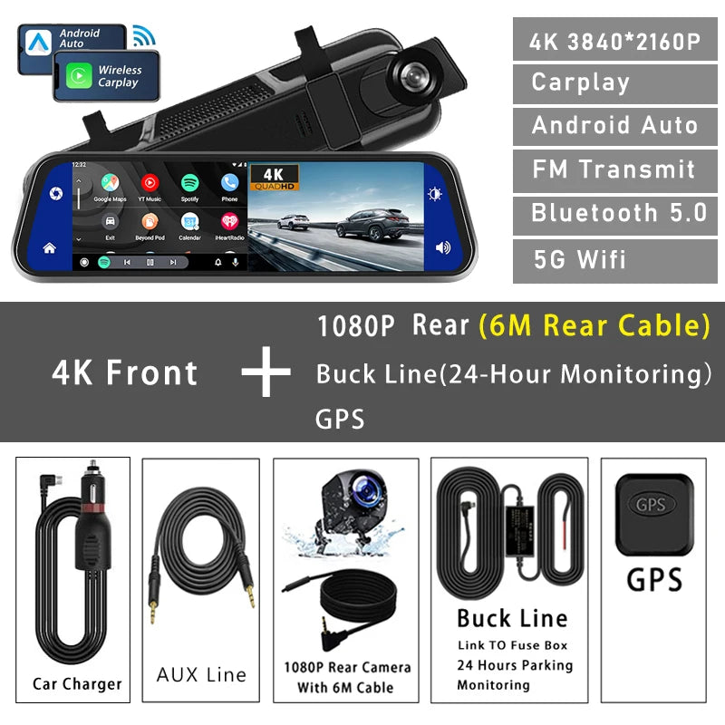 10 "Cam de tableau de bord 4K 3840*2160P voiture Dvr Carplay Android Auto GPS 5G WIFI AUX flux rétroviseur Dashcam caméra lecteur enregistreur FM
