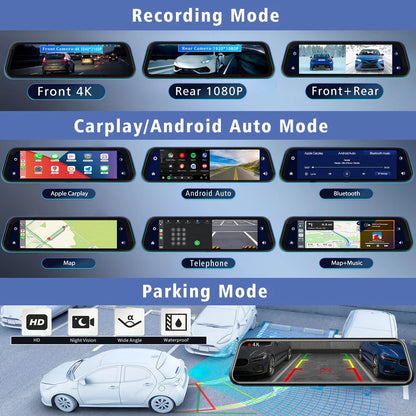 10 "Cam de tableau de bord 4K 3840*2160P voiture Dvr Carplay Android Auto GPS 5G WIFI AUX flux rétroviseur Dashcam caméra lecteur enregistreur FM