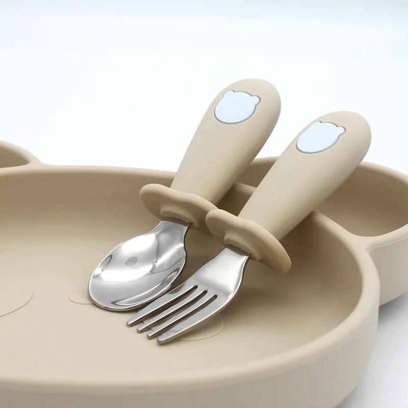 Ensemble de vaisselle de dessin animé pour bébé, ustensiles pour enfants en acier inoxydable, couverts de table pour tout-petits, dessin animé, cuillère d'alimentation pour nourrissons, fourchette
