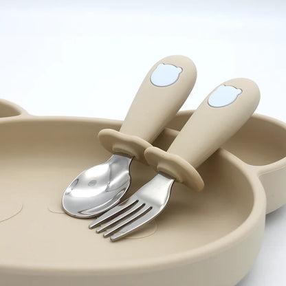 Ensemble de vaisselle de dessin animé pour bébé, ustensiles pour enfants en acier inoxydable, couverts de table pour tout-petits, dessin animé, cuillère d'alimentation pour nourrissons, fourchette