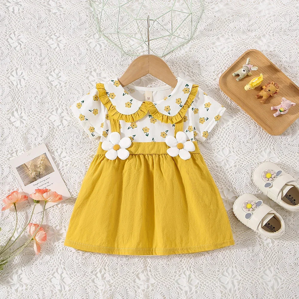 (0-3 ans) été bébé fille coton fleur faux deux pièces bandoulière robe fille mignon robe à manches courtes