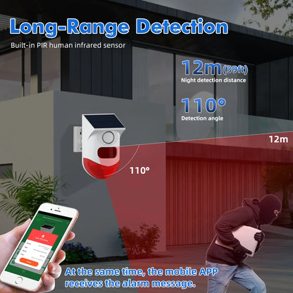 Tuya – détecteur de mouvement infrarouge intelligent WiFi, solaire, extérieur, PIR, sirène stroboscopique sans fil, alarme sonore, télécommande étanche