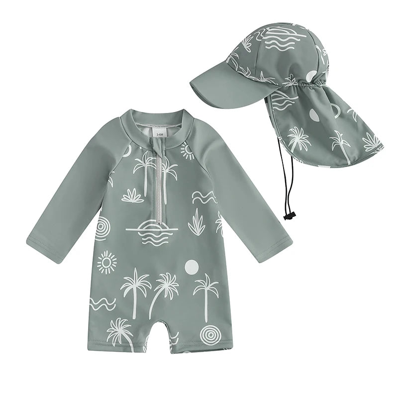 Tregren – maillot de bain pour garçons, protection contre les éruptions cutanées, manches longues, imprimé tortue/dinosaure, avec bonnets de bain, vêtements de plage