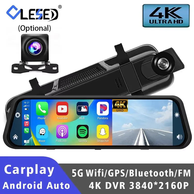 10 "Cam de tableau de bord 4K 3840*2160P voiture Dvr Carplay Android Auto GPS 5G WIFI AUX flux rétroviseur Dashcam caméra lecteur enregistreur FM