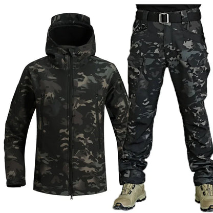 Combinaison camouflage épaisse pour hommes, ensemble d'entraînement tactique imperméable, veste à capuche multi-poches, pantalon polaire, chasse en plein air, 2 pièces, hiver