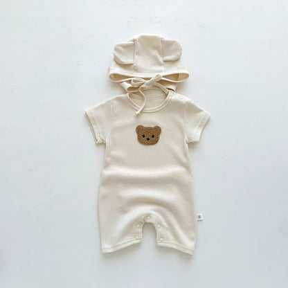Combinaison d'été pour bébés filles et garçons, manches courtes, Patch gaufré, ours, nouveau-né, barboteuse en coton, chapeau cadeau avec oreille, nouvelle collection