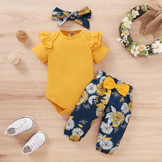 Ensemble de vêtements pour nouveau-né fille, body à manches courtes + pantalon à fleurs avec nœud + bandeau, tenues 3 pièces, vêtements pour bébé fille
