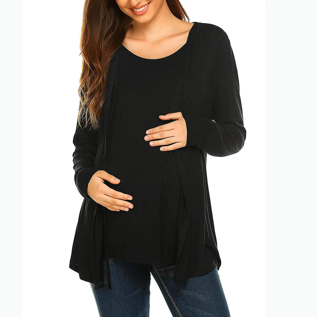 Automne hiver à manches longues col rond faux deux pièces à lacets allaitement femmes enceintes haut T-shirt vêtements d'extérieur pour femmes enceintes