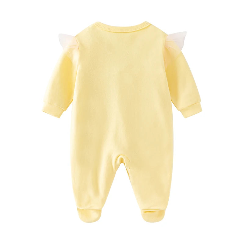 Combinaison printemps et automne pour nouveau-né fille, à manches longues, en pur coton, lapin brodé de dessin animé jaune mignon