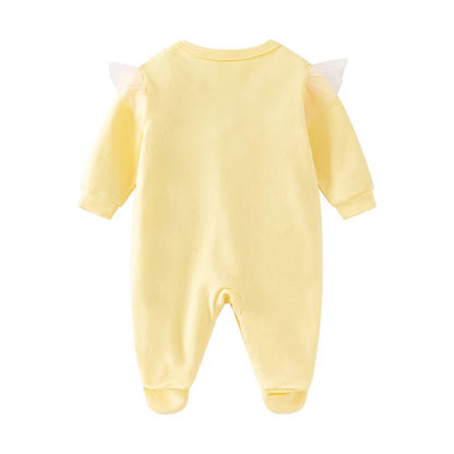 Combinaison printemps et automne pour nouveau-né fille, à manches longues, en pur coton, lapin brodé de dessin animé jaune mignon