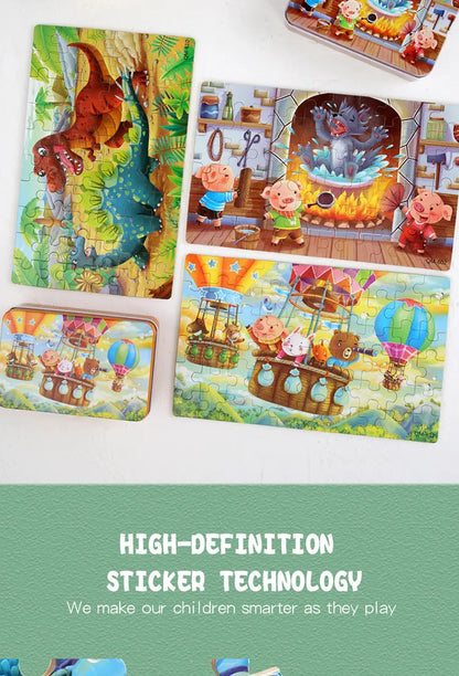 Puzzle de dessin animé 60 pièces avec boîte en métal, Puzzle de véhicule Animal d'éducation précoce pour enfants, jeu d'interaction Parent-enfant