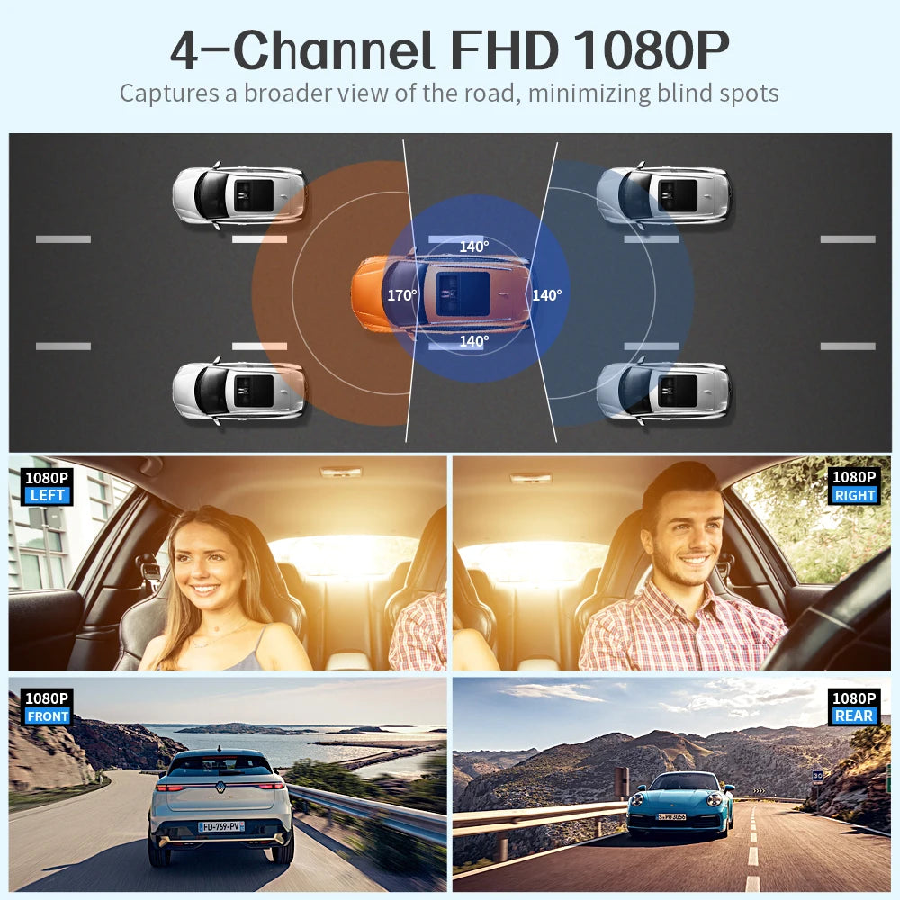 Caméra de tableau de bord DVR pour voiture, 64 go, 360 degrés, WiFi, GPS, moniteur de stationnement 24h, 4 objectifs * HD 1080P, enregistreur vidéo, contrôle par application, outil filaire