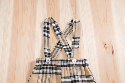 IURNXB – ensemble de vêtements pour bébé, 2 pièces, manches courtes, body ours à carreaux + pantalon à bretelles, tenues pour nouveau-né de 1 à 18 mois