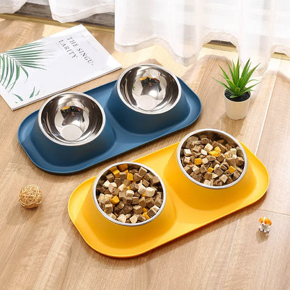 Bol Double en acier inoxydable pour chien et chat, récipient de nourriture pour chat, Base antidérapante, mangeoire d'eau pour animaux de compagnie, protection inclinable du cou, bols pour chiots et chats, 1 pièce
