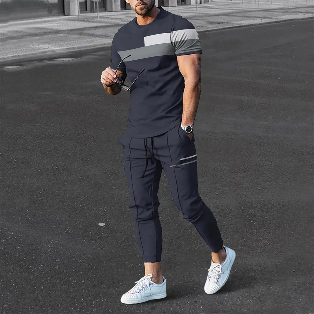 Ensemble de survêtement à manches courtes pour hommes, t-shirt décontracté, olympiques Y-pantalon, vêtements à col rond, mode sportive, fjCasual, 2 pièces