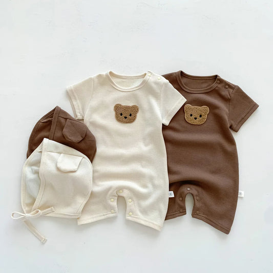 Combinaison d'été pour bébés filles et garçons, manches courtes, Patch gaufré, ours, nouveau-né, barboteuse en coton, chapeau cadeau avec oreille, nouvelle collection