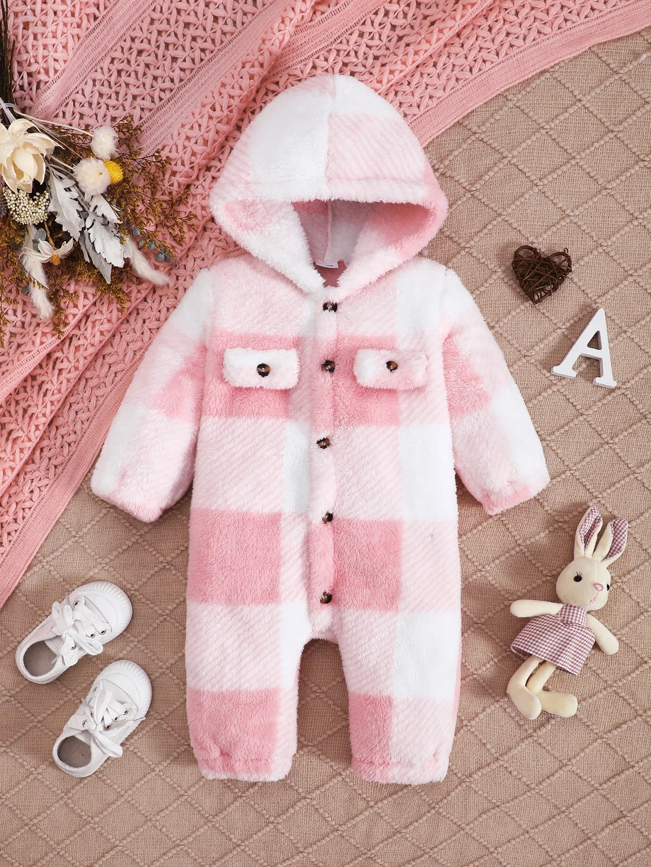 Barboteuse à carreaux pour bébés garçons et filles, combinaison à capuche et manches longues en peluche, vêtements chauds d'hiver pour tout-petits garçons de 3 à 24 mois
