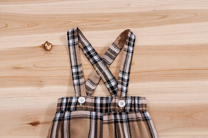 IURNXB – ensemble de vêtements pour bébé, 2 pièces, manches courtes, body ours à carreaux + pantalon à bretelles, tenues pour nouveau-né de 1 à 18 mois