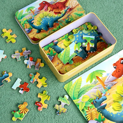 Puzzle de dessin animé 60 pièces avec boîte en métal, Puzzle de véhicule Animal d'éducation précoce pour enfants, jeu d'interaction Parent-enfant
