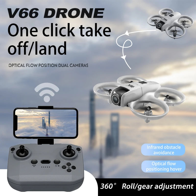 V66 Mini Drone 4K professionnel double caméra Mode sans tête évitement d'obstacles WiFi FPV Dron 360 °   Jouets quadrirotor RC à rabat pour enfants