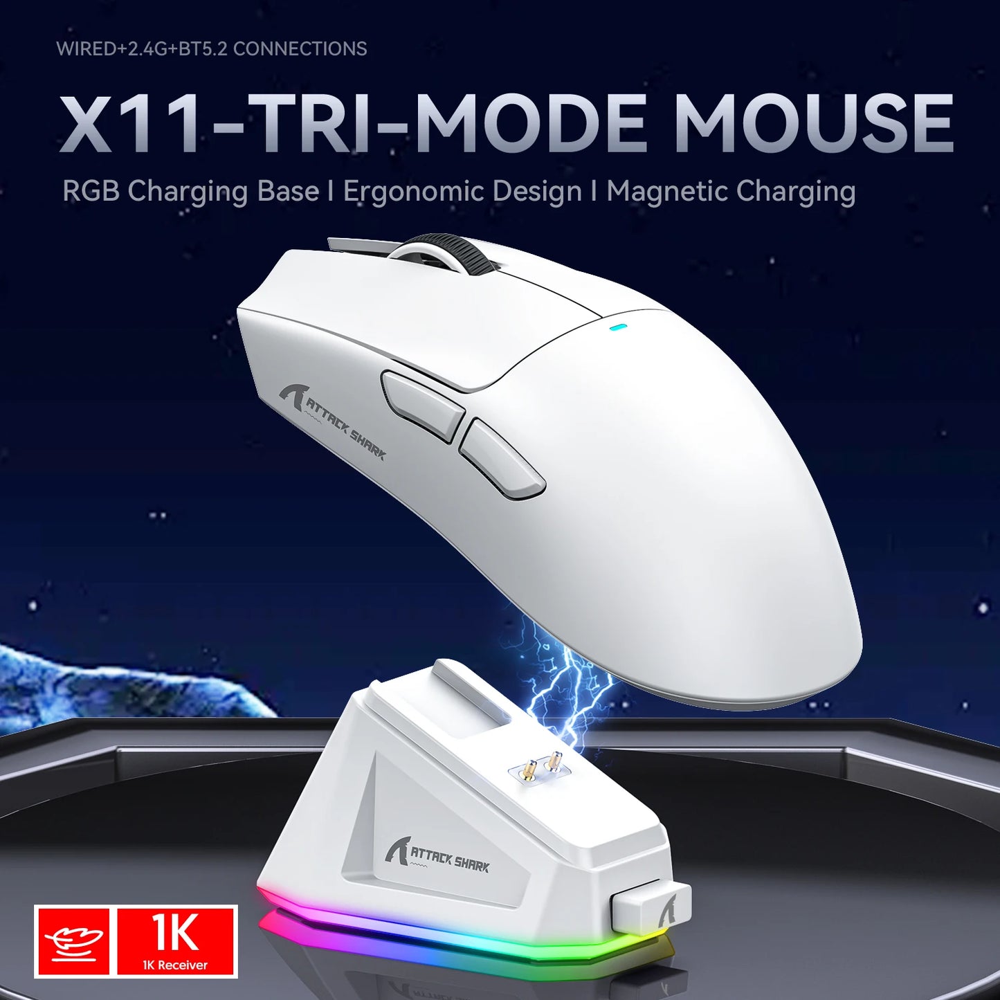 ATTACK SHARK X11 Souris de jeu sans fil légère avec rétroéclairage RVB, jusqu'à 22 K DPI, capteur optique PAW3311, commutateur HUYU