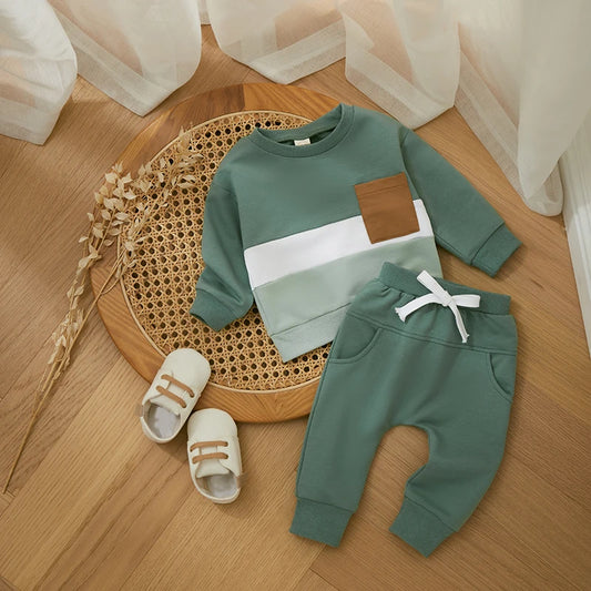 Survêtement d'hiver 2 pièces pour bébé, tenues pour garçons en bas âge, couleur contrastée, sweat-shirt à manches longues, hauts et pantalons longs, ensemble de vêtements pour tout-petits