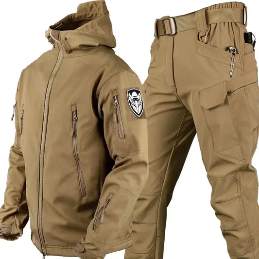 Combinaison camouflage épaisse pour hommes, ensemble d'entraînement tactique imperméable, veste à capuche multi-poches, pantalon polaire, chasse en plein air, 2 pièces, hiver