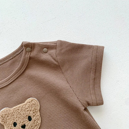 Combinaison d'été pour bébés filles et garçons, manches courtes, Patch gaufré, ours, nouveau-né, barboteuse en coton, chapeau cadeau avec oreille, nouvelle collection