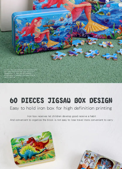 Puzzle de dessin animé 60 pièces avec boîte en métal, Puzzle de véhicule Animal d'éducation précoce pour enfants, jeu d'interaction Parent-enfant