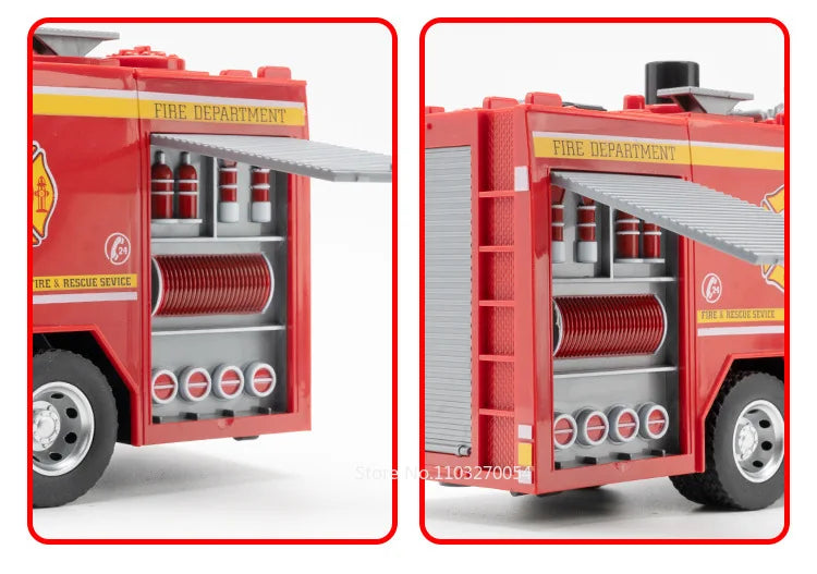1:18 pétrolier d'eau alliage échelle camion de pompier modèle jouets voiture moulé sous pression en métal ingénierie véhicule portes ouvert son lumière jouet garçon cadeau