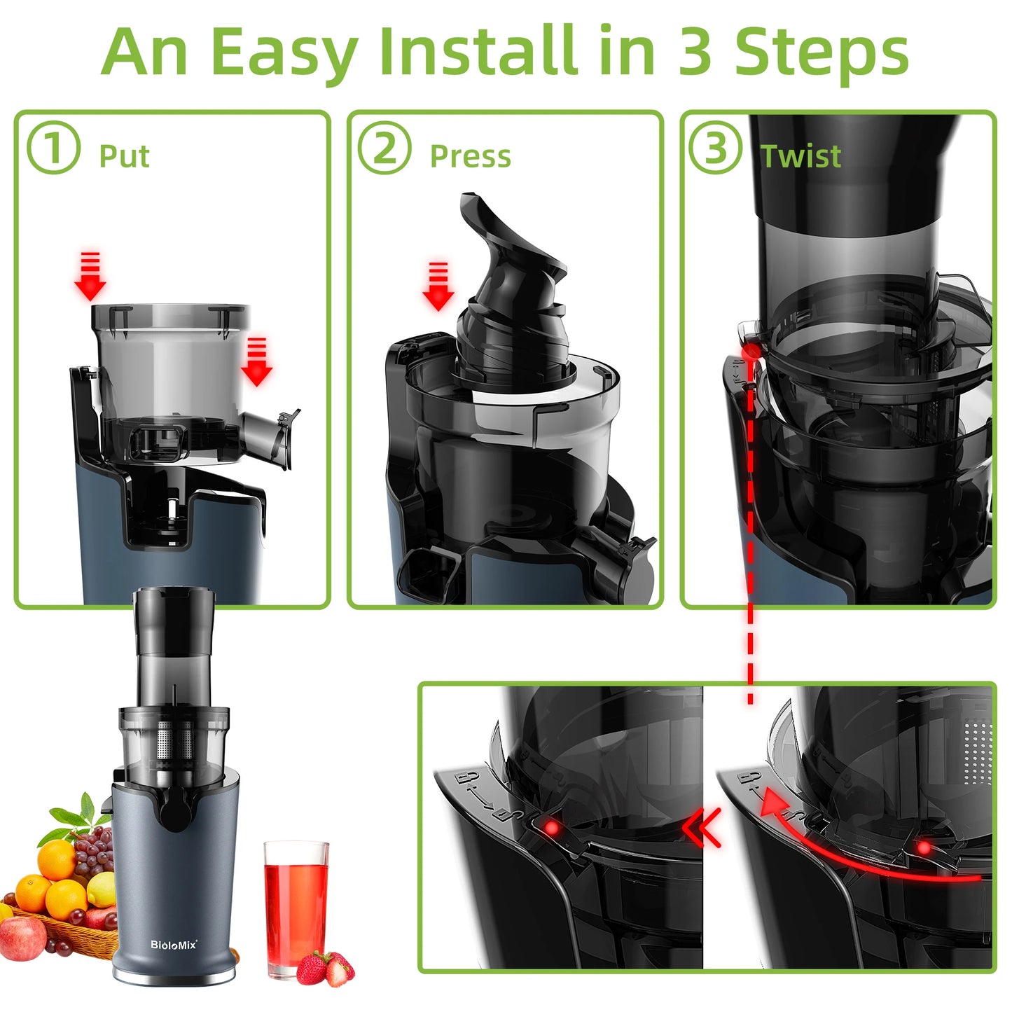 BioloMix-Extracteur de Jus Écrasé, Froid PMurcia Ju479, Fente de Rajeunissement de 78mm, Convient aux Fruits Entiers, Facile à Nettoyer, 200W