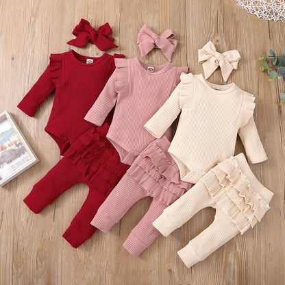 3 pièces bébé fille tenue ensemble nouveau-né enfant en bas âge enfants ensemble de vêtements bébé filles dentelle volants coton body + pantalon + bandeau vêtements