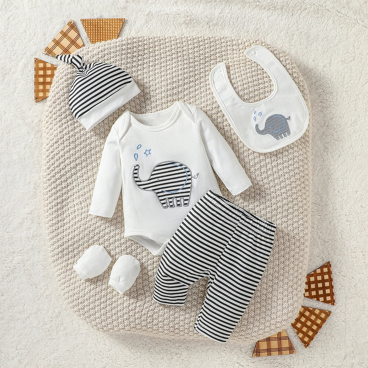 Ensemble 4 pièces pour bébé garçon, pantalon, chapeau, gants, bavoir, streetwear, dessin animé, éléphant, toutes saisons, mode