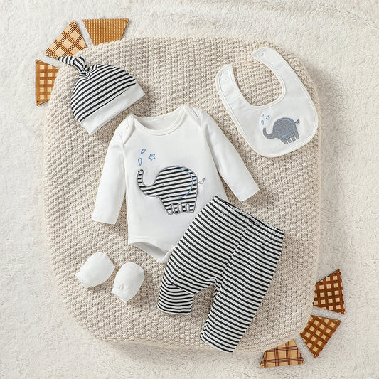 Ensemble 4 pièces pour bébé garçon, pantalon, chapeau, gants, bavoir, streetwear, dessin animé, éléphant, toutes saisons, mode