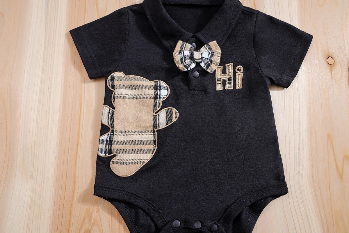 IURNXB – ensemble de vêtements pour bébé, 2 pièces, manches courtes, body ours à carreaux + pantalon à bretelles, tenues pour nouveau-né de 1 à 18 mois