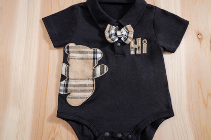 IURNXB – ensemble de vêtements pour bébé, 2 pièces, manches courtes, body ours à carreaux + pantalon à bretelles, tenues pour nouveau-né de 1 à 18 mois