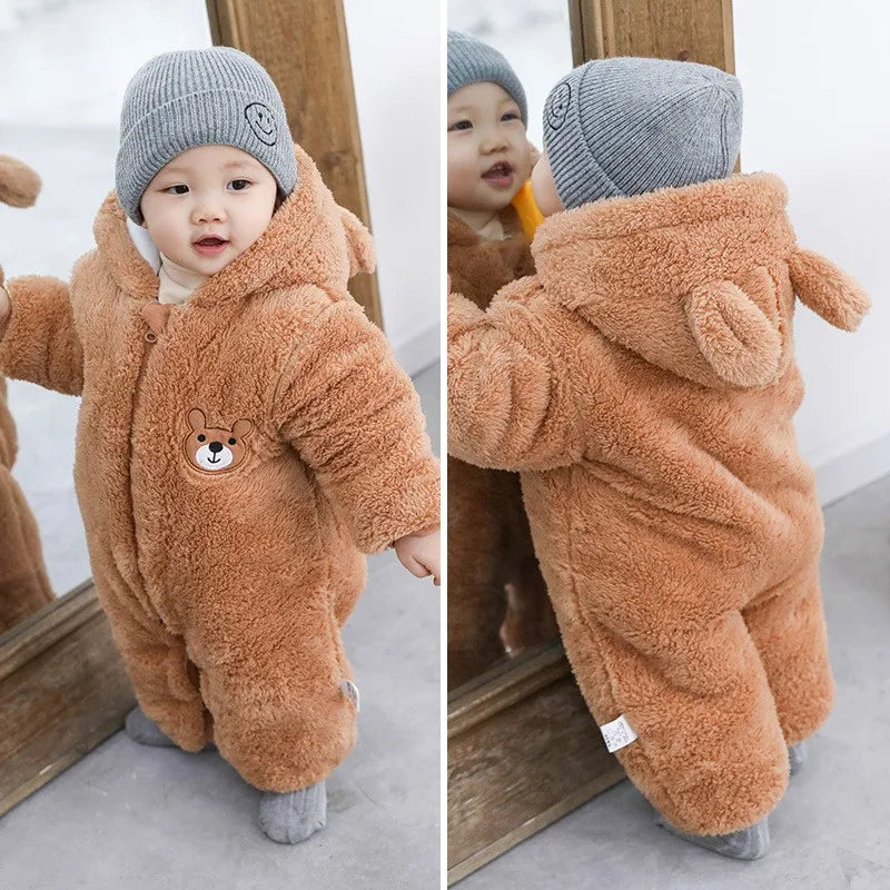 Barboteuse pour nouveau-né, ours en peluche mignon, garçon, automne hiver, garde au chaud, à capuche, combinaison globale pour nourrissons filles, vêtements d'extérieur