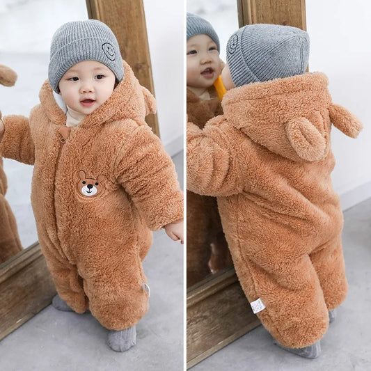 Barboteuse pour nouveau-né, ours en peluche mignon, garçon, automne hiver, garde au chaud, à capuche, combinaison globale pour nourrissons filles, vêtements d'extérieur