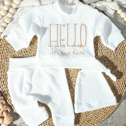 Ylsteed "bonjour" broderie nouveau-né photographie accessoires infantile barboteuse combinaison avec chapeau à nœud bébé à la maison tenue bébé Photo cadeau