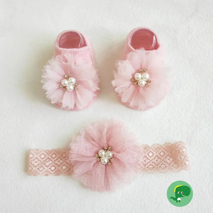 Ensemble de chaussettes et bandeau pour bébé, jolis nœuds en perles, chaussettes antidérapantes en coton, dentelle fleur, bandeau pour nouveau-né, Turban, accessoires pour cheveux de fille