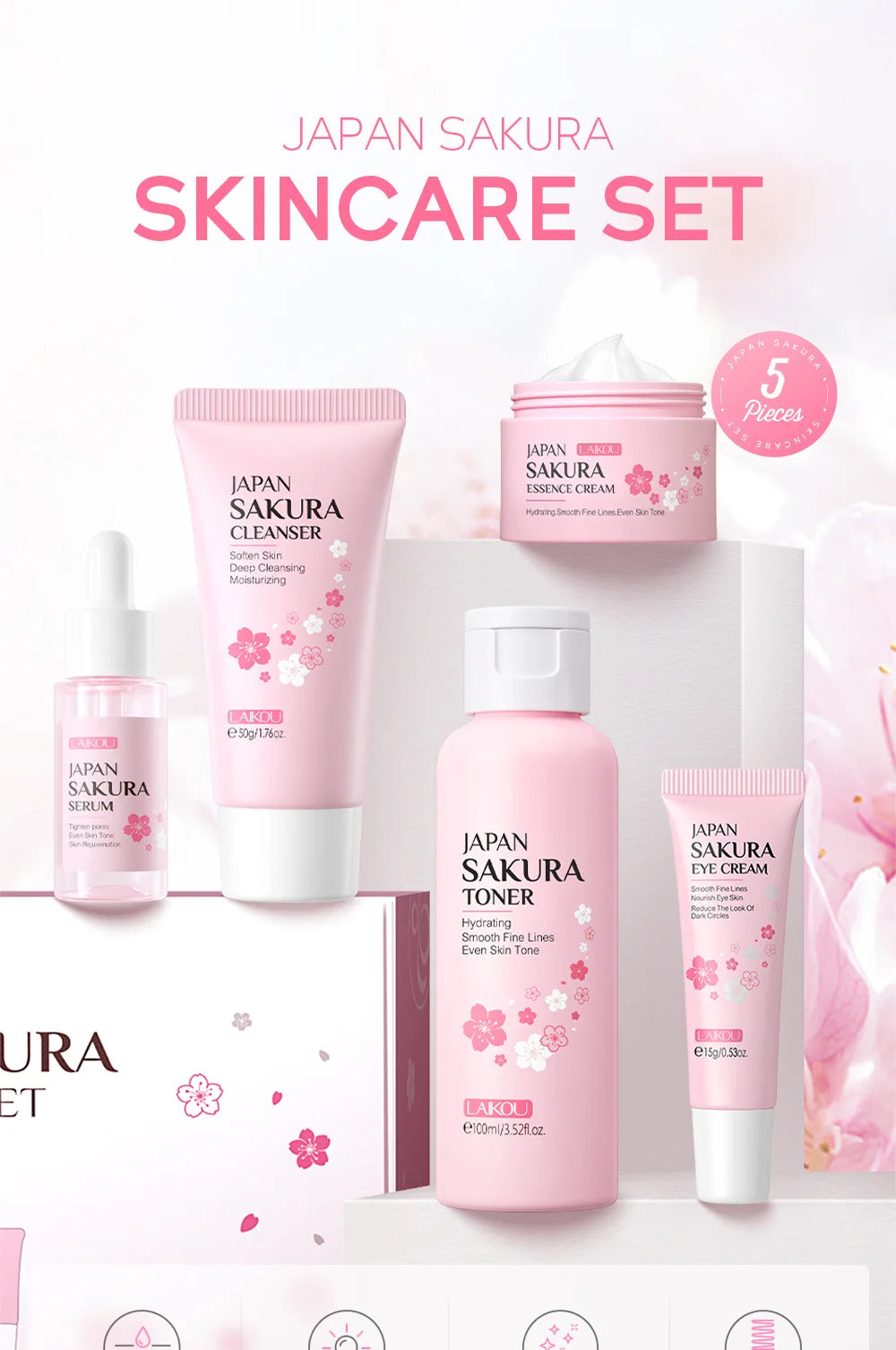 LAIKOU Sakura ensembles de soins de la peau nettoyant pour le visage crèmes pour les yeux crème pour le visage sérum Lotion Toner éclaircissant hydratant Kit de soins du visage
