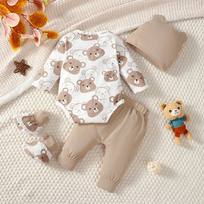 Ensemble de Vêtements pour Bébé Garçon de 0 à 9 Mois, Tenue à Manches sulf, Pantalon, Chapeau et Chaussettes, 4 Pièces/Ensemble, Printemps Automne