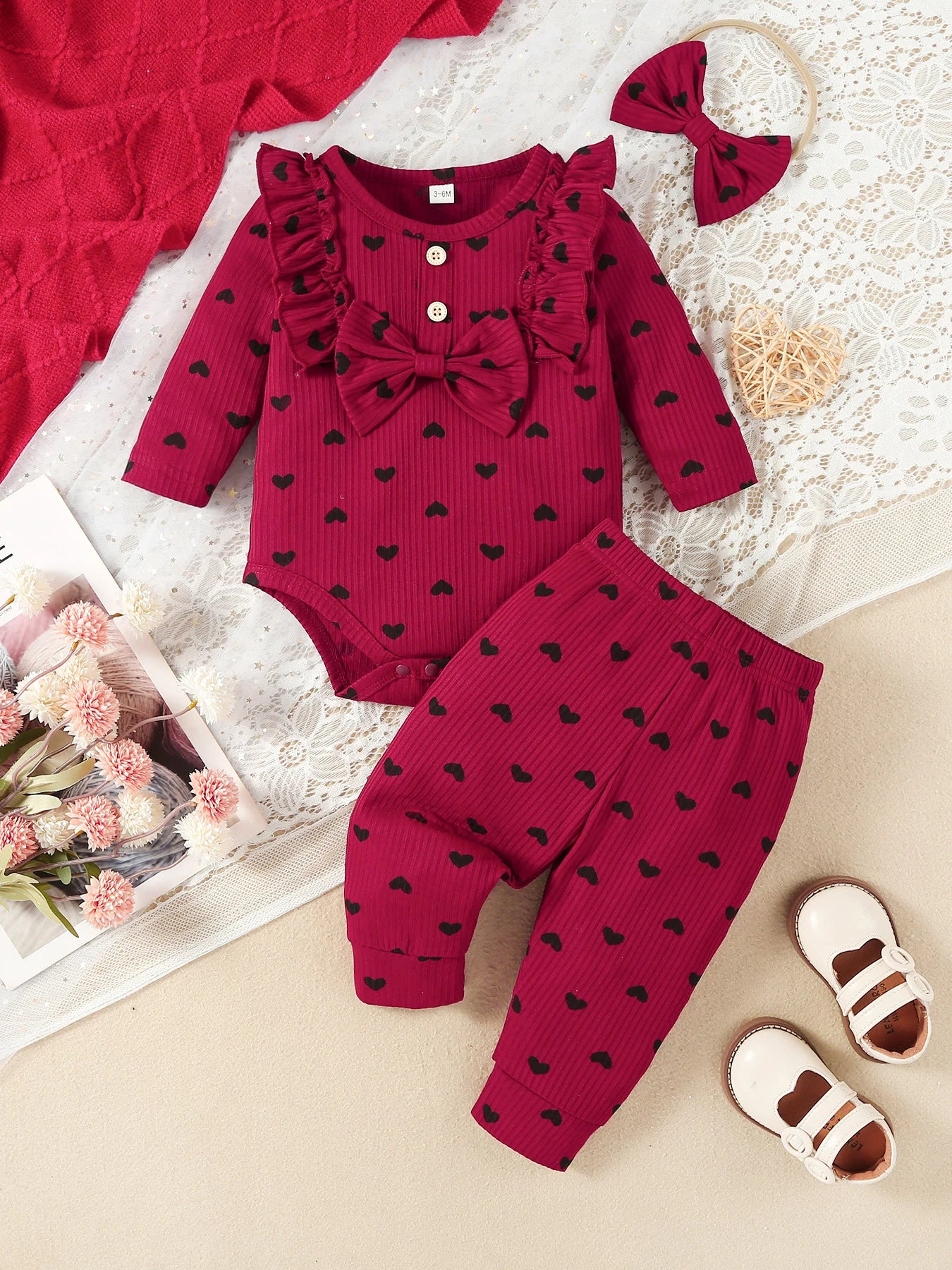 Kukitty – ensemble de vêtements 3 pièces pour nouveau-né fille, barboteuse à manches longues, imprimé cœur, haut et pantalon, bandeau, tenues en tricot