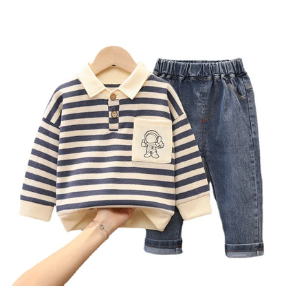 Ensemble de 2 pièces de vêtements de sport décontractés pour enfants, sweats à capuche à bandes, jeans pour garçons, survêtements pour enfants, tenue de printemps et d'automne, 0 à 5 ans, nouveau
